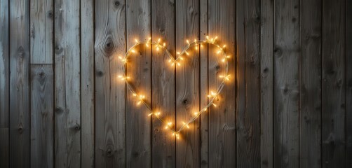 Country Charm  Warm White Fairy Lights Forming a Heart Shape on Aged, Distressed Wood Texture