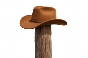 Cowboy hat displaying western style. Felt hat rests on weathered wooden post against a transparent background