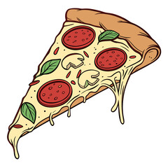 A slice of pepperoni and mushroom pizza with basil