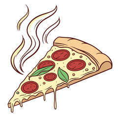 A slice of pepperoni pizza with basil and steam