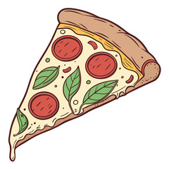 A slice of pepperoni pizza with basil leaves