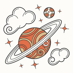 Orange saturn planet with rings in space with clouds and stars around it