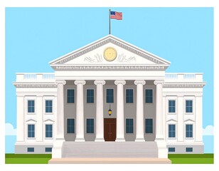 Illustration of a Classical American Government Building with US Flag in Color