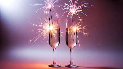 Elegant champagne flutes product shot on soft pastel pink background