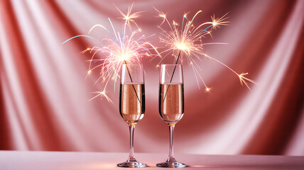 Elegant champagne flutes product shot on soft pastel pink background