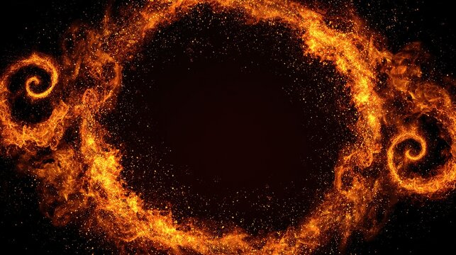 A swirling fiery vortex frame design with abstract particle effects, glowing and swirling around a dark empty center on a black background.