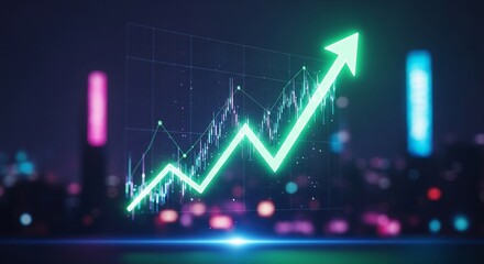 Glowing Green Upward Trend Arrow Over Cityscape, Financial Growth Concept, Neon Lights.
