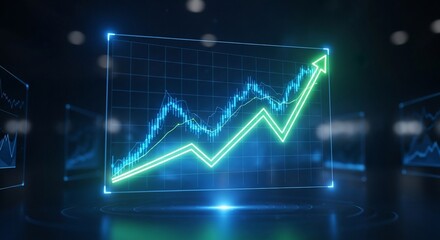 Fototapeta premium Glowing Neon Stock Market Chart - Bullish Trend with Green Arrow Ascending in Blue Frame.