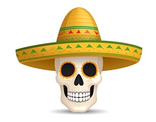 Illustration of a decorated skull wearing a sombrero, ideal for Day of the Dead