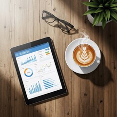 Business Analytics Displayed on Tablet with Latte Art and Eyeglasses on Wooden Table