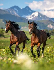 Obraz premium Two brown horses running in a meadow with mountains in the background