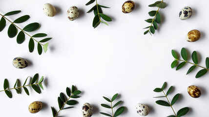 Flat lay Easter eggs, green leaves, decorative arrangement, pure white background