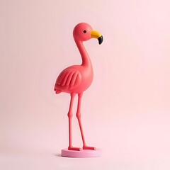 3D Pink flamingo figurine standing tall against a soft pink background in studio shot