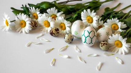 Flat lay Easter spring decorations arranged neatly on white background