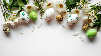 Flat lay Easter spring decorations arranged neatly on white background
