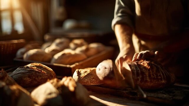 A baker carefully examines freshly baked loaves of bread in a rustic bakery setting.
