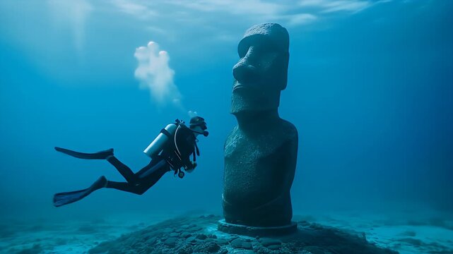 Scuba Diver Explores Ancient Moai Statue Underwater Clear Blue Sea