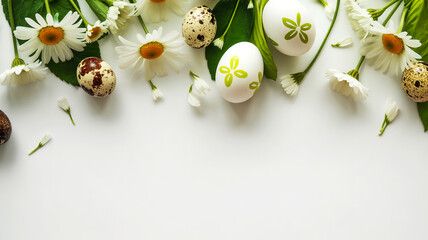 Flat lay Easter spring decorations arranged neatly on white background