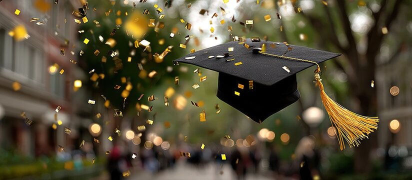 Graduation celebration with flying mortarboard and confetti to celebrate success in college