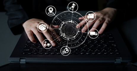 Goods delivery tracking icons show shipping, goods delivery routes, and loEnticeics monitoring....