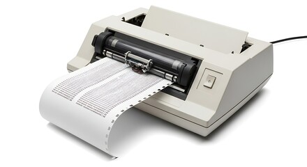 A vintage dot matrix printer with a long strip of paper feeding out, showcasing its mechanical components.