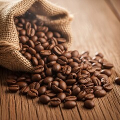 Close-up of Coffee Beans Pouring from a Burlap Sack on Rustic Wood