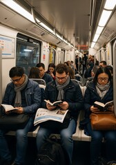 Commuters Engrossed: Reading Books and Newspapers on a Subway Train, Urban Lifestyle