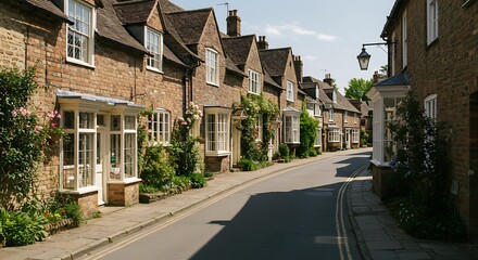 Row of brick houses along a street in a sunny day