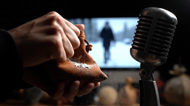 Behind the scenes with a foley artist creating the sound effect of crunching snow by squeezing a bag of cornstarch into a vintage microphone