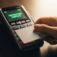 Contactless Payment: Hand Holding Credit Card Over POS Terminal with Transaction Complete Display