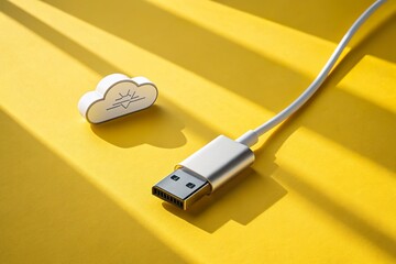 USB cable connected to a cloud icon on a vibrant yellow background with dramatic shadows
