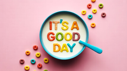 Flat lay white bowl milk, rainbow cereal letters spell positive message