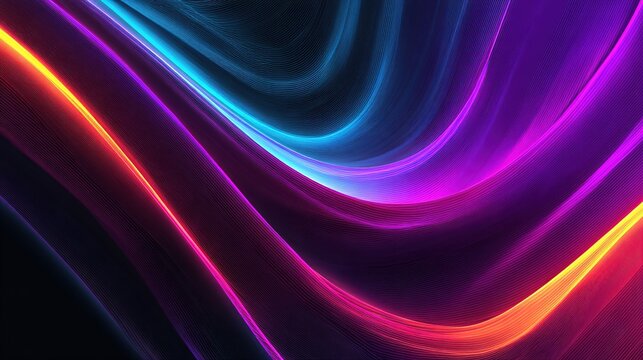 Abstract digital artwork with flowing, iridescent light trails in vibrant gradients of purple, blue, and orange
