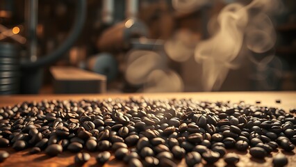 Fototapeta premium Freshly roasted coffee beans on wood with aromatic steam in warm directional light.