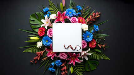 Flat lay white square card, ornate floral arrangement, black background