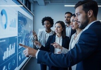 Diverse Business Team Analyzing Data on Large Screen in Modern Office Setting