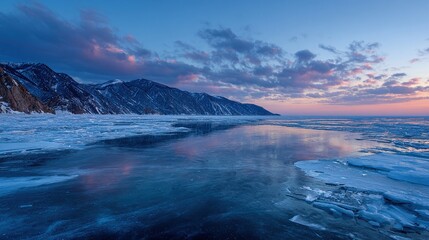 Fototapeta premium Frozen lake meets mountains under a dawn sky with pink clouds