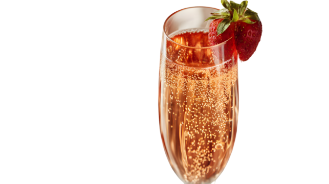 Refreshing bubbly rosé champagne served in a flute with a fresh strawberry garnish, perfect for celebrations and sophisticated gatherings.
