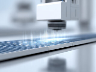 Solar panel maintenance concept with close up of machine inspecting photovoltaic cell surface for quality control