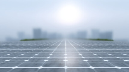 Solar panel maintenance concept with clean energy technology and cityscape background under bright sky