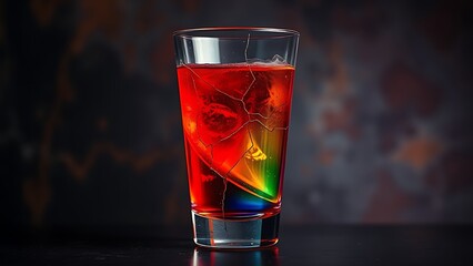 An abstract visualization of a vibrant colorful cocktail glass slowly cracking and draining of its color against a dark background.