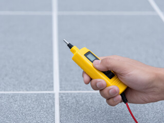 Digital voltage tester hand used for solar panel maintenance checking electrical current safely and efficiently gray tile floor