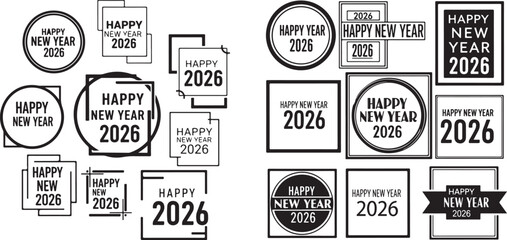 Modern Black White Happy New Year 2026 Badges and Emblems Set