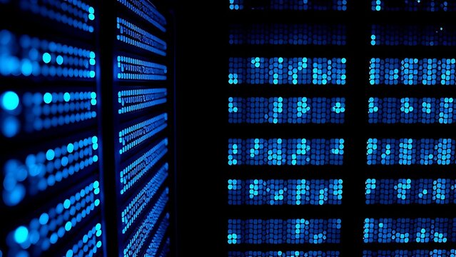 Close-up of glowing blue server rack lights creating an abstract technological pattern on a dark background.