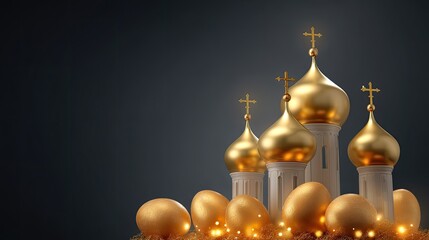 Obraz premium Golden Domes and Shimmering Eggs Set Against a Dark Background for Festive Celebrations