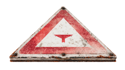 A weathered triangle warning sign with faded surface red border rustic aged caution danger symbol isolated on white background