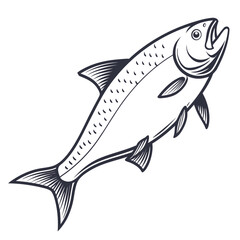 Stylized black and white illustration of a leaping salmon fish with an open mouth and detailed fins on a white background