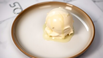 A single scoop of vanilla ice cream on a ceramic plate, showcasing creamy texture with subtle drips against a minimalist marble background.