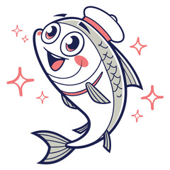 Naklejka premium A cheerful cartoon fish wearing a sailor hat and collar sparkles with joy and excitement on a white background