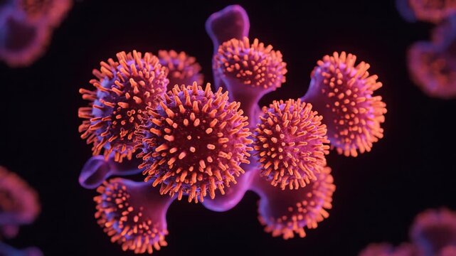 A detailed 3D visualization of fungal pathogen spores under a microscope, illustrating a microscopic infection